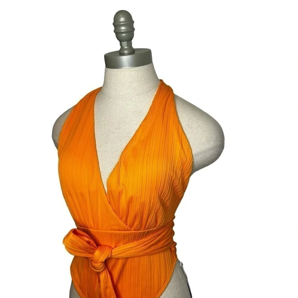 Cupshe Orange Retro Rib Surplice Sash Texture Belt One Piece Swimsuit Sz Medium